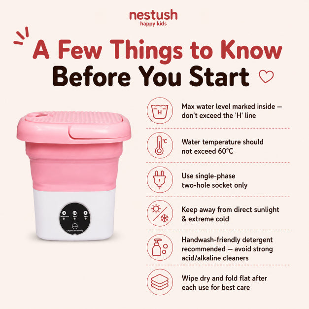 NestWash important usage tips graphic covering water level, temperature limit, socket type, and care instructions