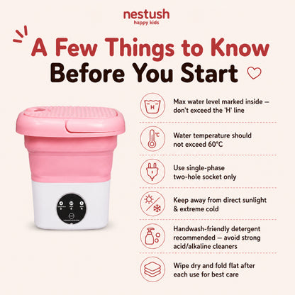 NestWash important usage tips graphic covering water level, temperature limit, socket type, and care instructions