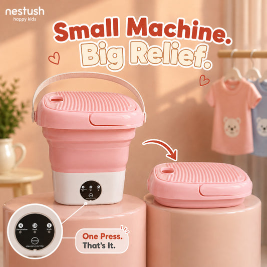 NestWash portable folding washing machine shown expanded and folded flat side by side, demonstrating compact storage