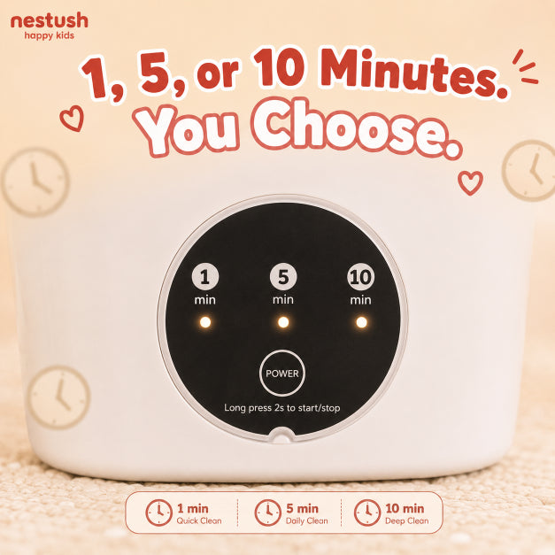 NestWash timer settings close-up showing 1 minute, 5 minute, and 10 minute wash options