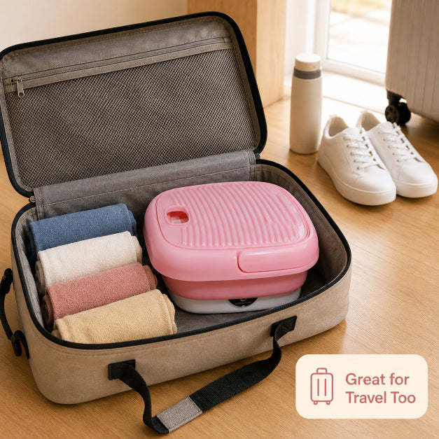 NestWash washing machine packed inside a travel bag, showing portability for travel and hostel use