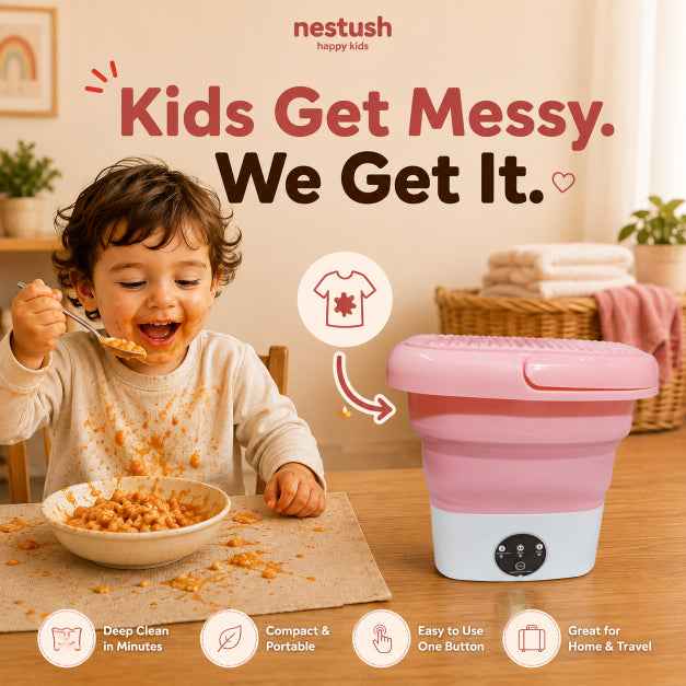 NestWash washing machine shown alongside a child's everyday meal-time mess, made for kids getting messy