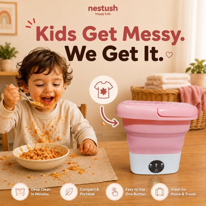 NestWash washing machine shown alongside a child's everyday meal-time mess, made for kids getting messy