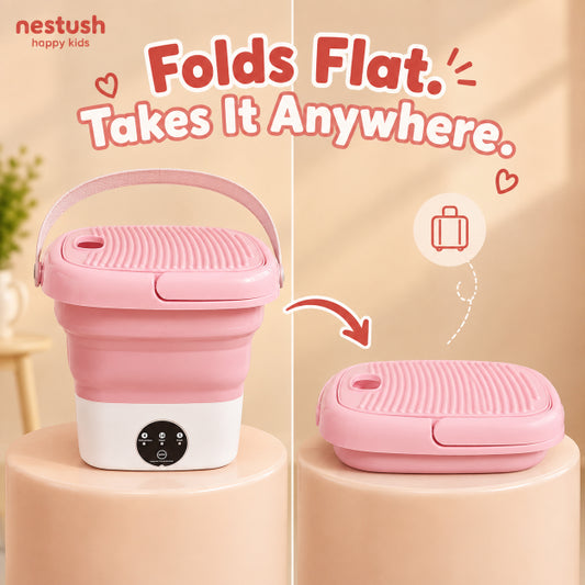 NestWash washing machine unfolding and folding demonstration showing the collapsible bucket design