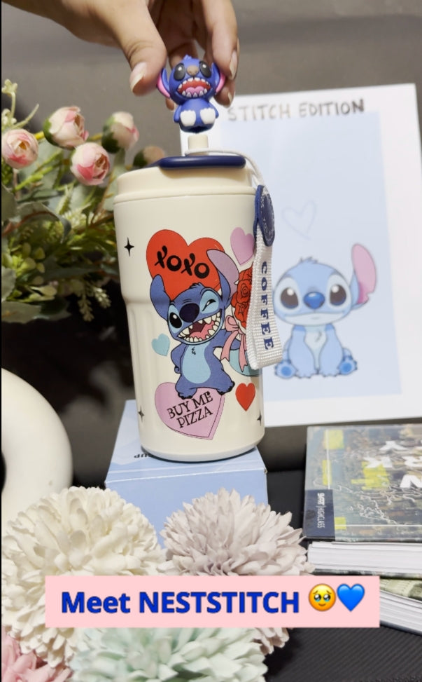 Nestush 450ml insulated kids tumbler with XOXO pizza character design, Stitch character topper and carry strap