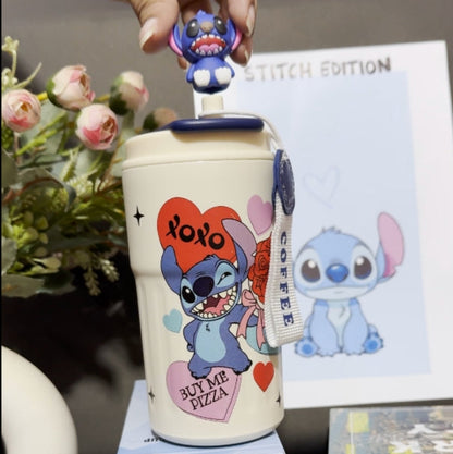 Nestush 450ml insulated kids tumbler with XOXO pizza character design, Stitch character topper and carry strap