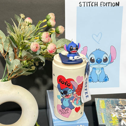 Nestush 450ml insulated kids tumbler with blue character XOXO pizza artwork, character topper and easy-carry strap