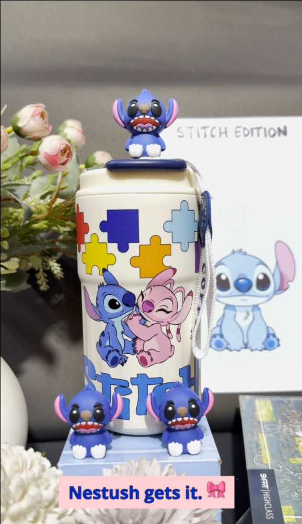 Nestush 450ml insulated kids tumbler with colorful puzzle-piece and character artwork, Stitch topper and matching carry strap
