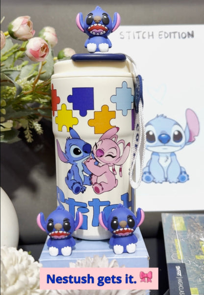 Nestush 450ml insulated kids tumbler with colorful puzzle-piece and character artwork, Stitch topper and matching carry strap
