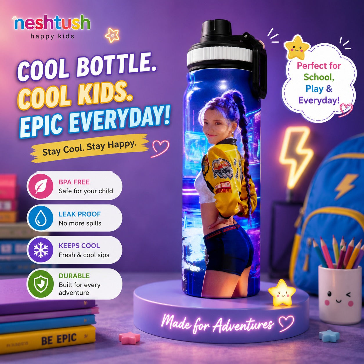 Nestush 800ml blue insulated kids water bottle featuring a K-pop inspired girl character, designed for cool drinks, school, travel and everyday adventures.