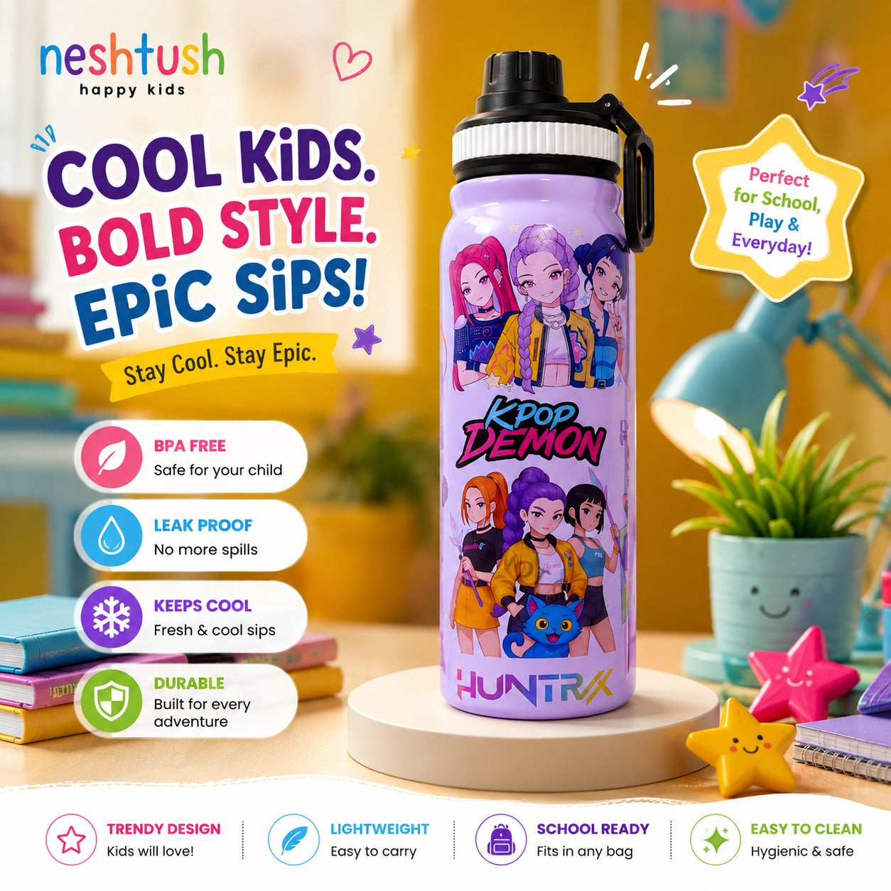 Nestush 800ml kids water bottle in purple with colorful K-pop inspired character designs, BPA-free, leak-proof and insulated for school and everyday use.