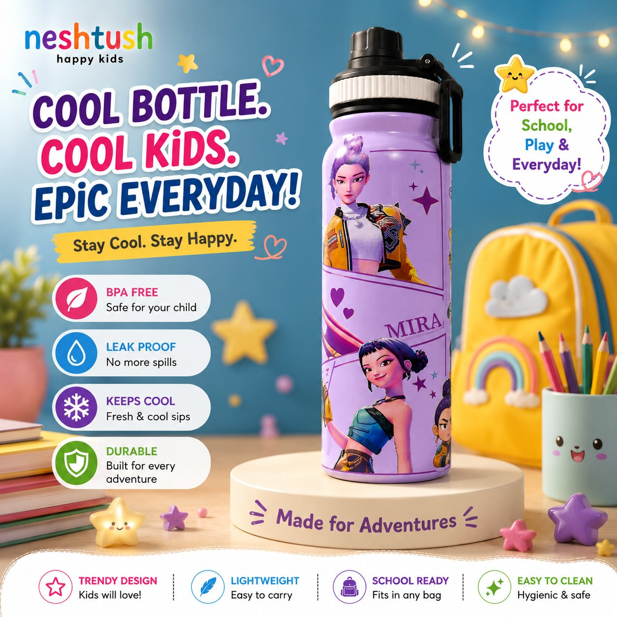 Nestush 800ml lavender kids water bottle featuring colorful K-pop inspired characters, with a leak-proof lid, carry handle and stainless steel insulated interior.