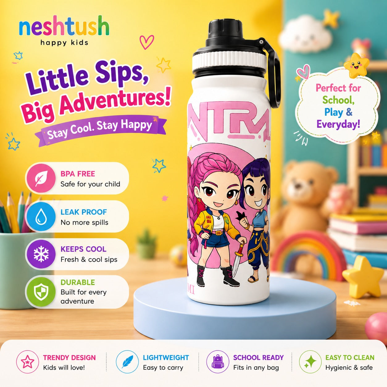 Nestush 800ml white kids water bottle with pink and blue K-pop inspired characters, featuring a carry handle and insulated stainless steel design for school and play.