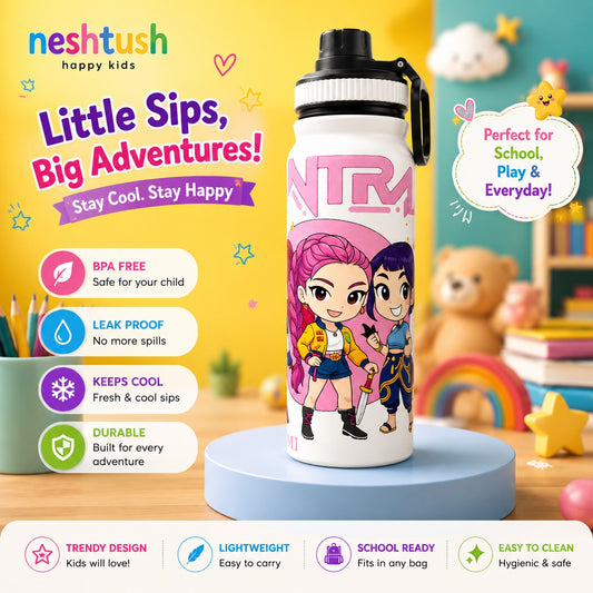 Nestush 800ml white kids water bottle with pink and blue K-pop inspired characters, featuring a carry handle and insulated stainless steel design for school and play.