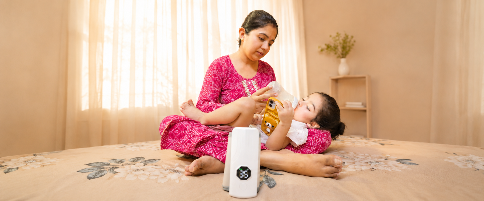 Mother using Nestush portable USB-C rechargeable baby bottle warmer to feed her baby, BIS certified, no stove or socket needed