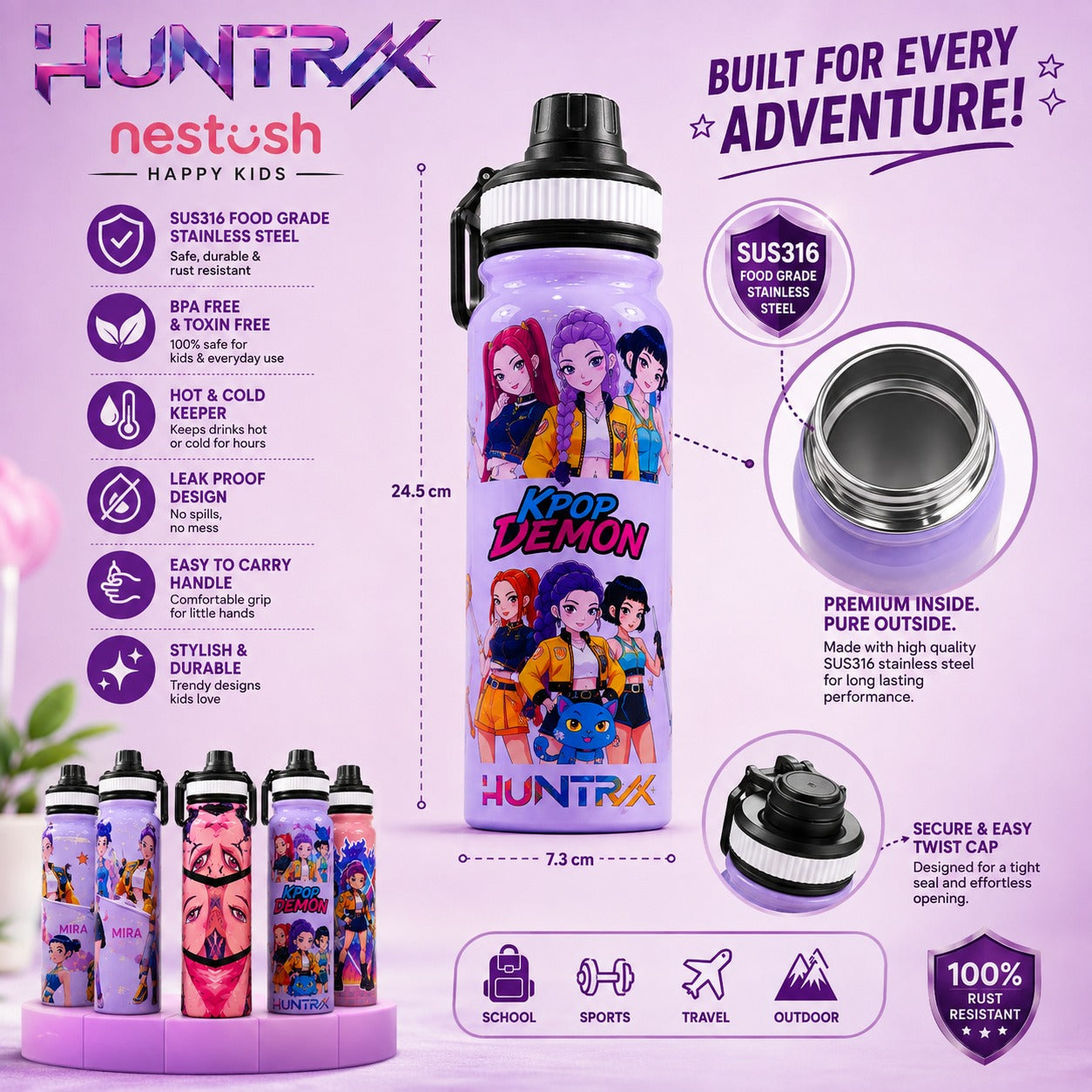 Nestush HUNTRX 800ml kids water bottle with detailed product specifications, including 24.5 cm height, 7.3 cm diameter, SUS316 stainless steel interior, secure twist cap and insulated design.