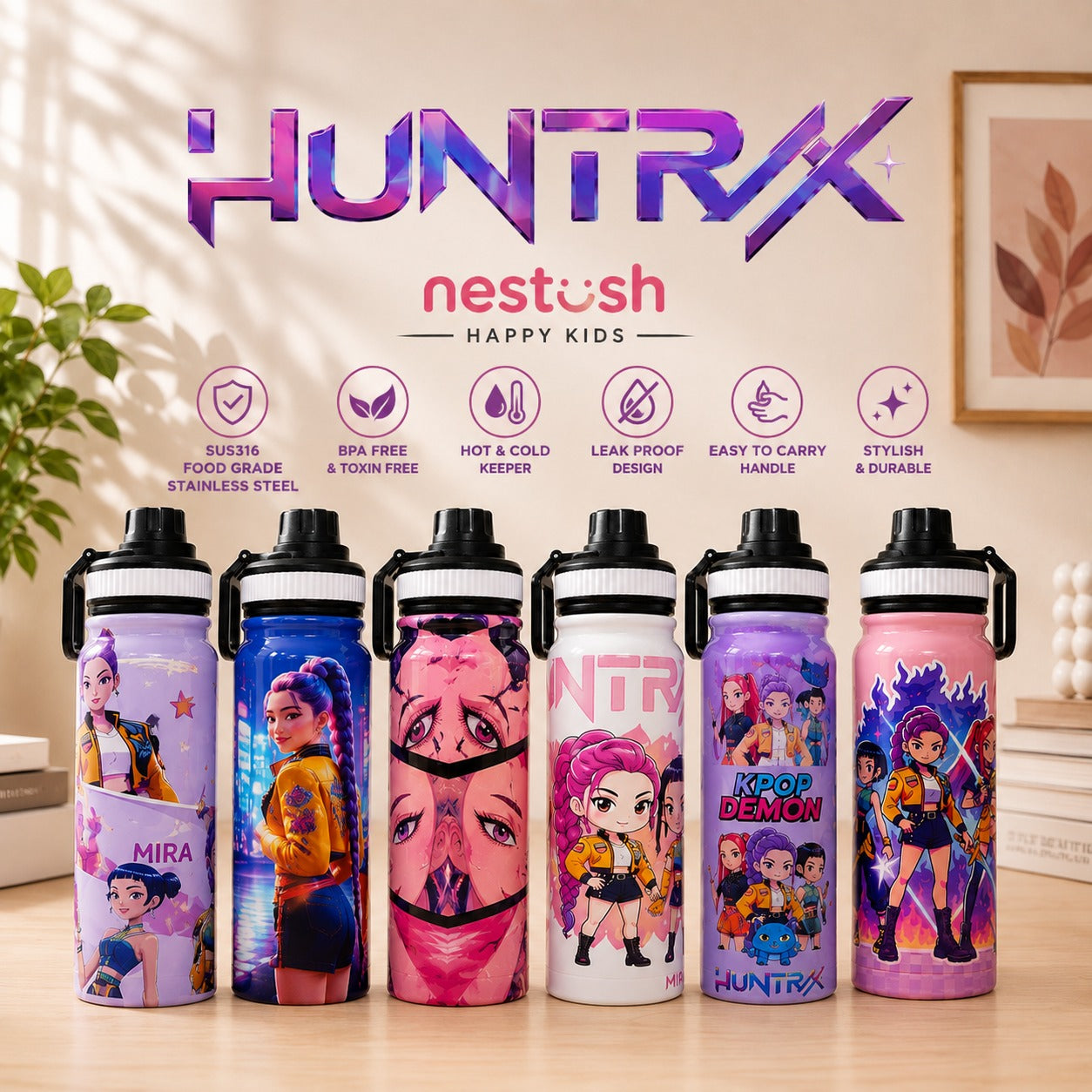 Nestush HUNTRX kids water bottle collection featuring six colorful K-pop inspired designs, with SUS316 food grade stainless steel, BPA-free construction and hot and cold insulation.