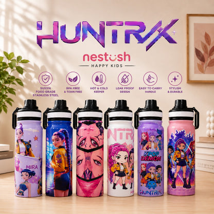 Nestush HUNTRX kids water bottle collection featuring six colorful K-pop inspired designs, with SUS316 food grade stainless steel, BPA-free construction and hot and cold insulation.