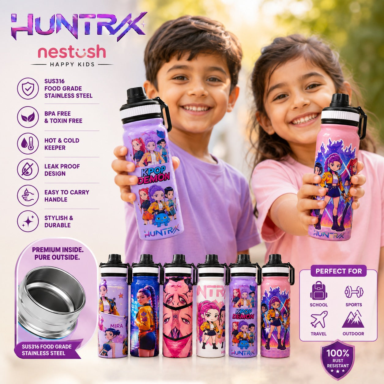 Nestush HUNTRX purple 800ml kids water bottle shown with its SUS316 food grade stainless steel interior, highlighting premium insulation, durable construction and leak-proof twist cap.
