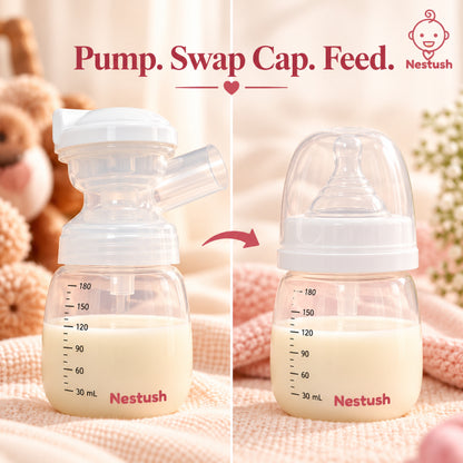 Nestush NestFlow bottle cap swap from pumping to direct baby feeding