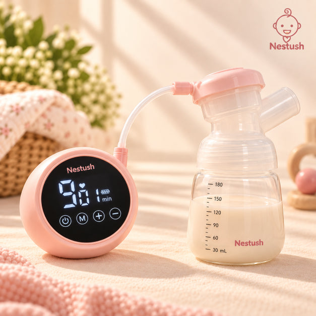 Nestush NestFlow electric double breast pump with feeding bottle on cream background