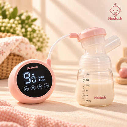 Nestush NestFlow electric double breast pump with feeding bottle on cream background