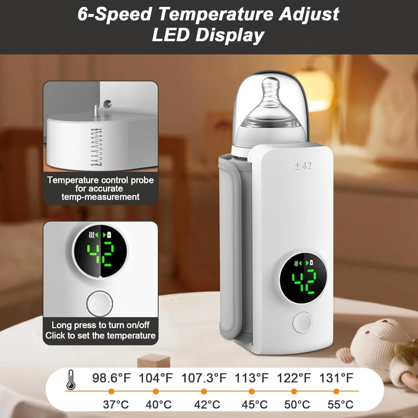 Nestush bottle warmer LED display showing 6-speed temperature control settings