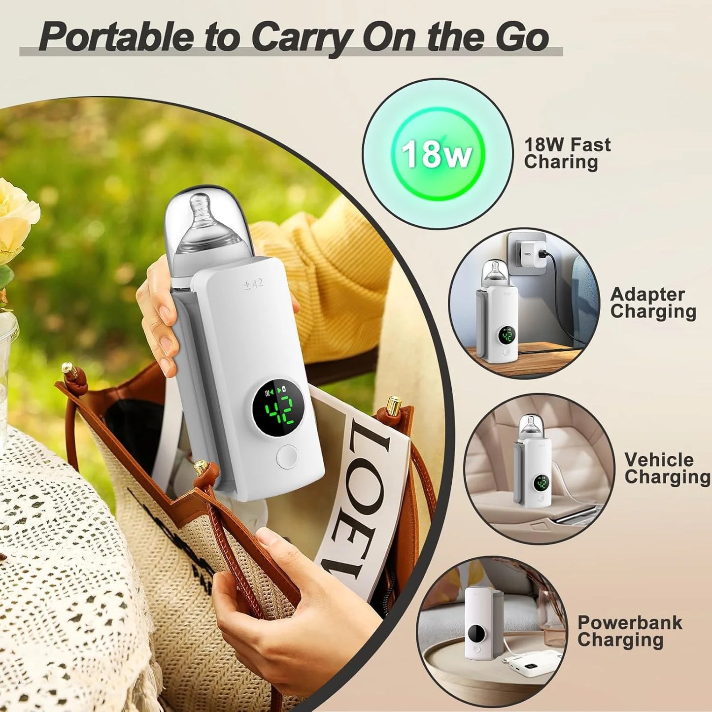 Nestush bottle warmer charging via USB adapter, car charger, and power bank for travel