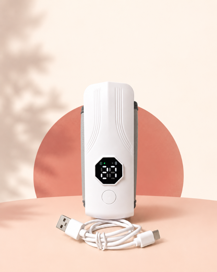 Nestush portable baby bottle warmer with USB-C cable on cream background