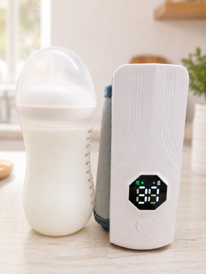 Nestush portable baby bottle warmer with baby feeding bottle showing LED temperature display