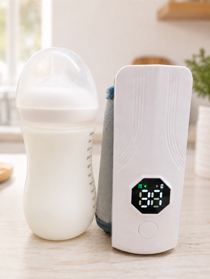 Nestush portable baby bottle warmer with baby feeding bottle showing LED temperature display