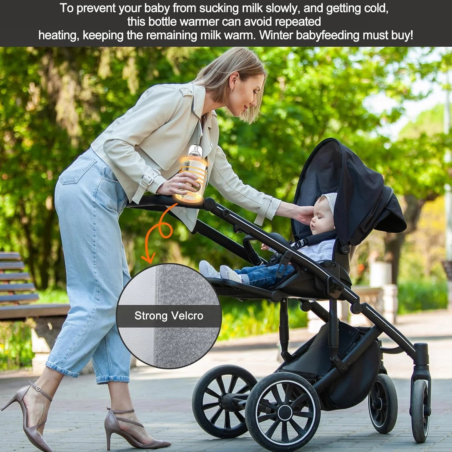Nestush portable bottle warmer attached to stroller for outdoor baby feeding