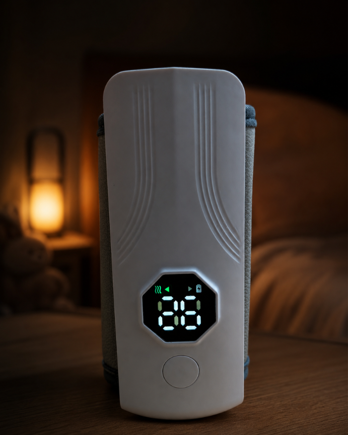 Nestush portable bottle warmer on bedside table for late night baby feeds