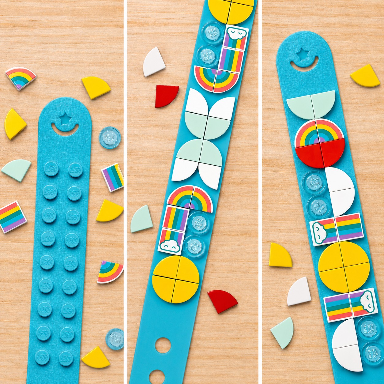 Step-by-step LEGO DOTS Rainbow Bracelet assembly process, three panel view