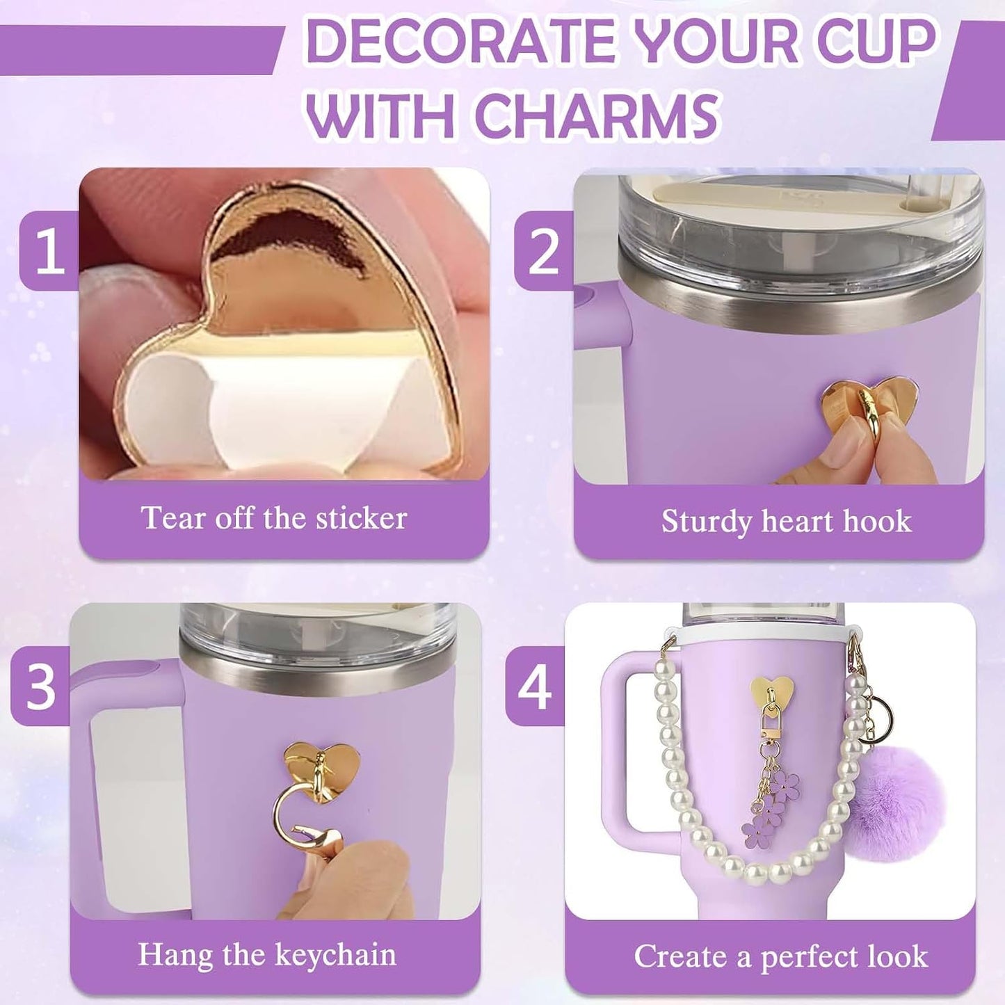 Step-by-step guide showing how to attach the NestSip heart-shaped charm hook and keychain to a tumbler using the adhesive sticker back