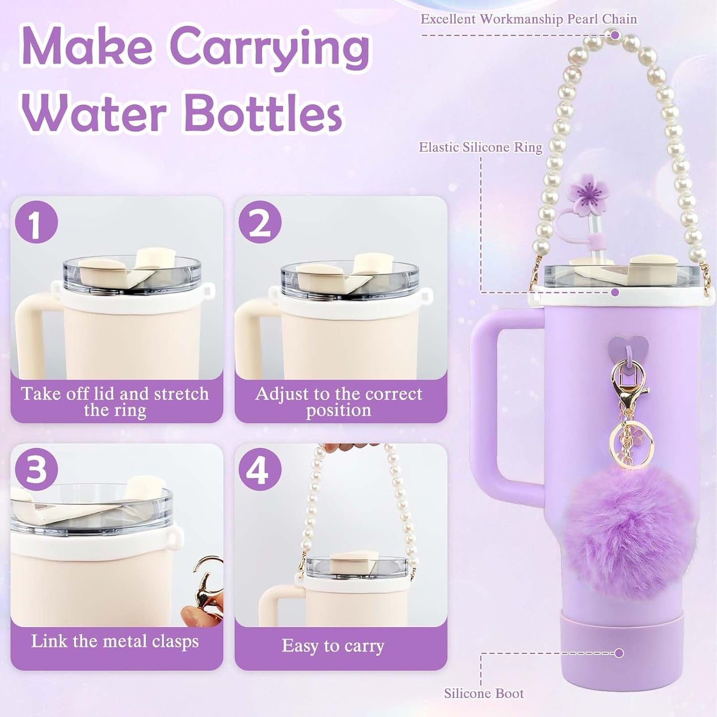 Step-by-step guide showing how to attach the NestSip pearl chain carry strap to a tumbler handle in four simple steps