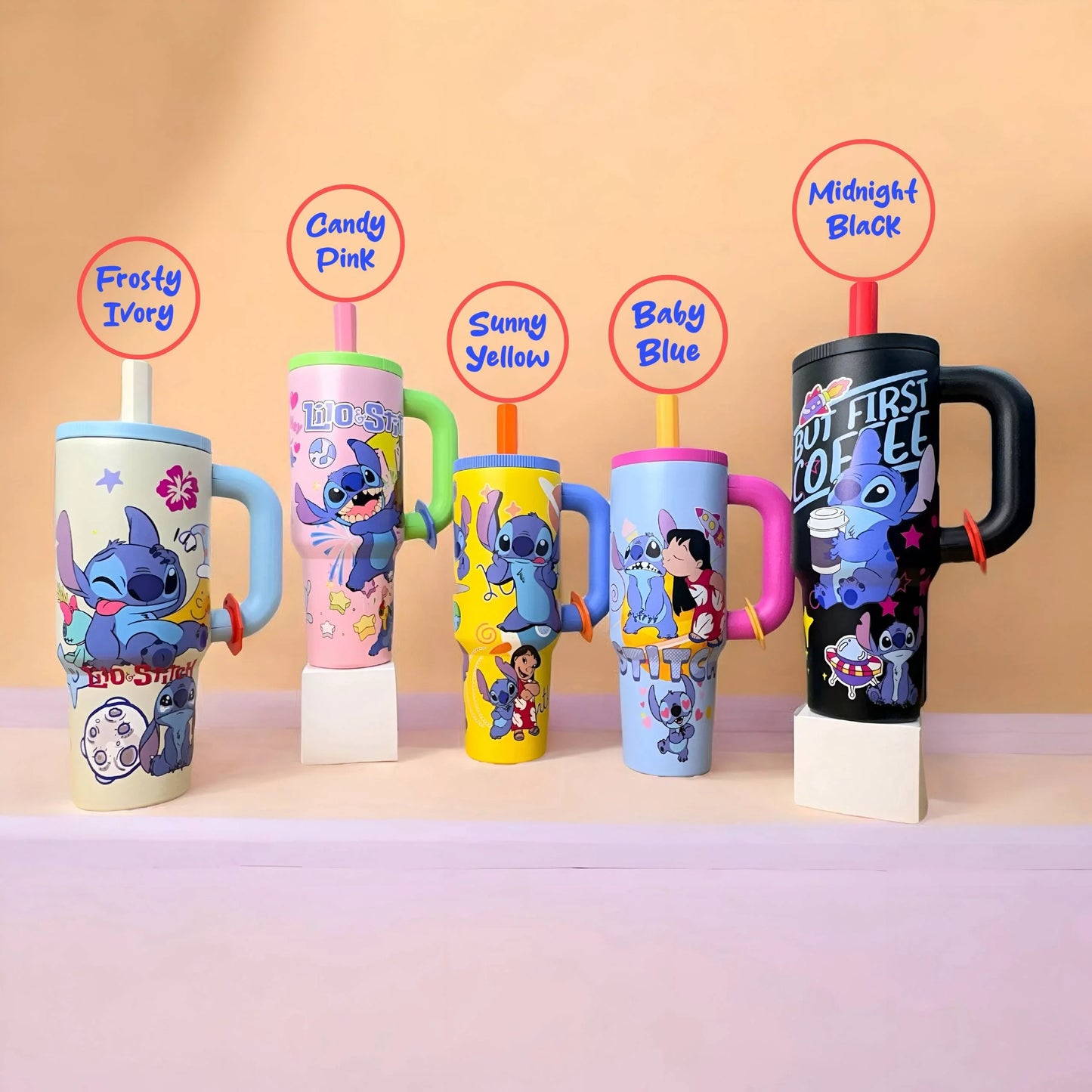 Stitch insulated tumbler available in Frosty Ivory, Candy Pink, Sunny Yellow, Baby Blue and Midnight Black color options