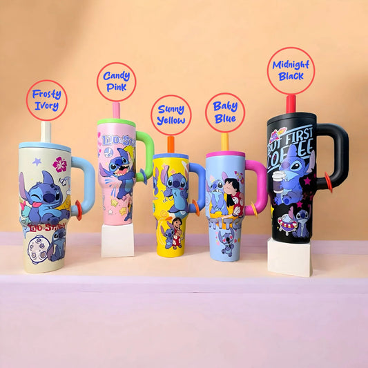Stitch insulated tumbler available in Frosty Ivory, Candy Pink, Sunny Yellow, Baby Blue and Midnight Black color options