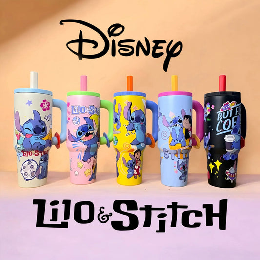 Stitch insulated tumbler collection with reusable straws and ergonomic handles in five vibrant colors