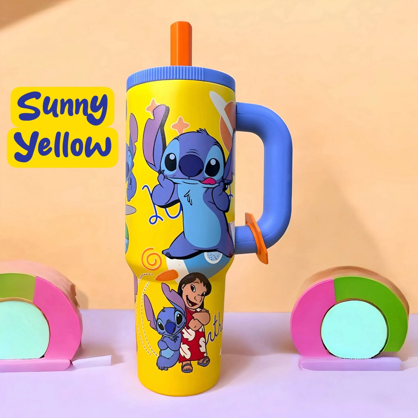 Sunny Yellow Stitch insulated tumbler with ergonomic handle and reusable straw