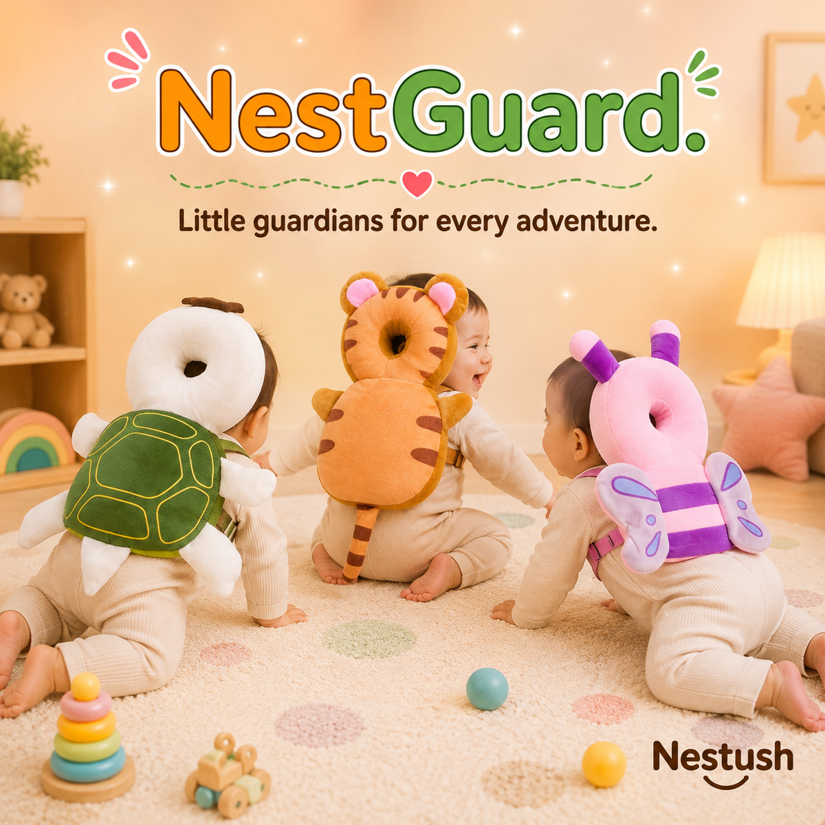 Three babies wearing NestGuard Turtle, Tiger and Butterfly head and back protectors playing together