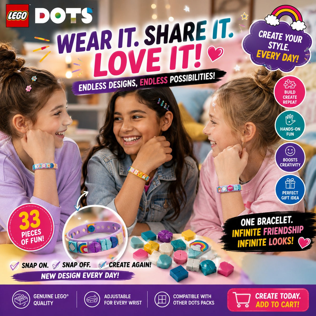 Three girls wearing different LEGO DOTS Rainbow Bracelet designs, showing snap on snap off customization