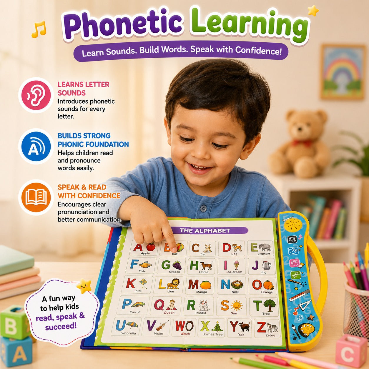 Toddler pointing at alphabet page in NestLearn Intelligent Book learning letter sounds and phonics