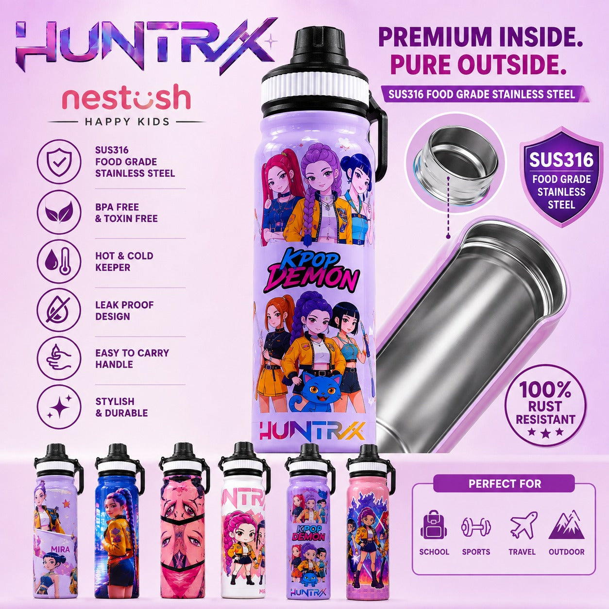 Two children holding Nestush HUNTRX 800ml K-pop inspired water bottles, highlighting SUS316 food grade stainless steel, leak-proof design and easy-carry handle.