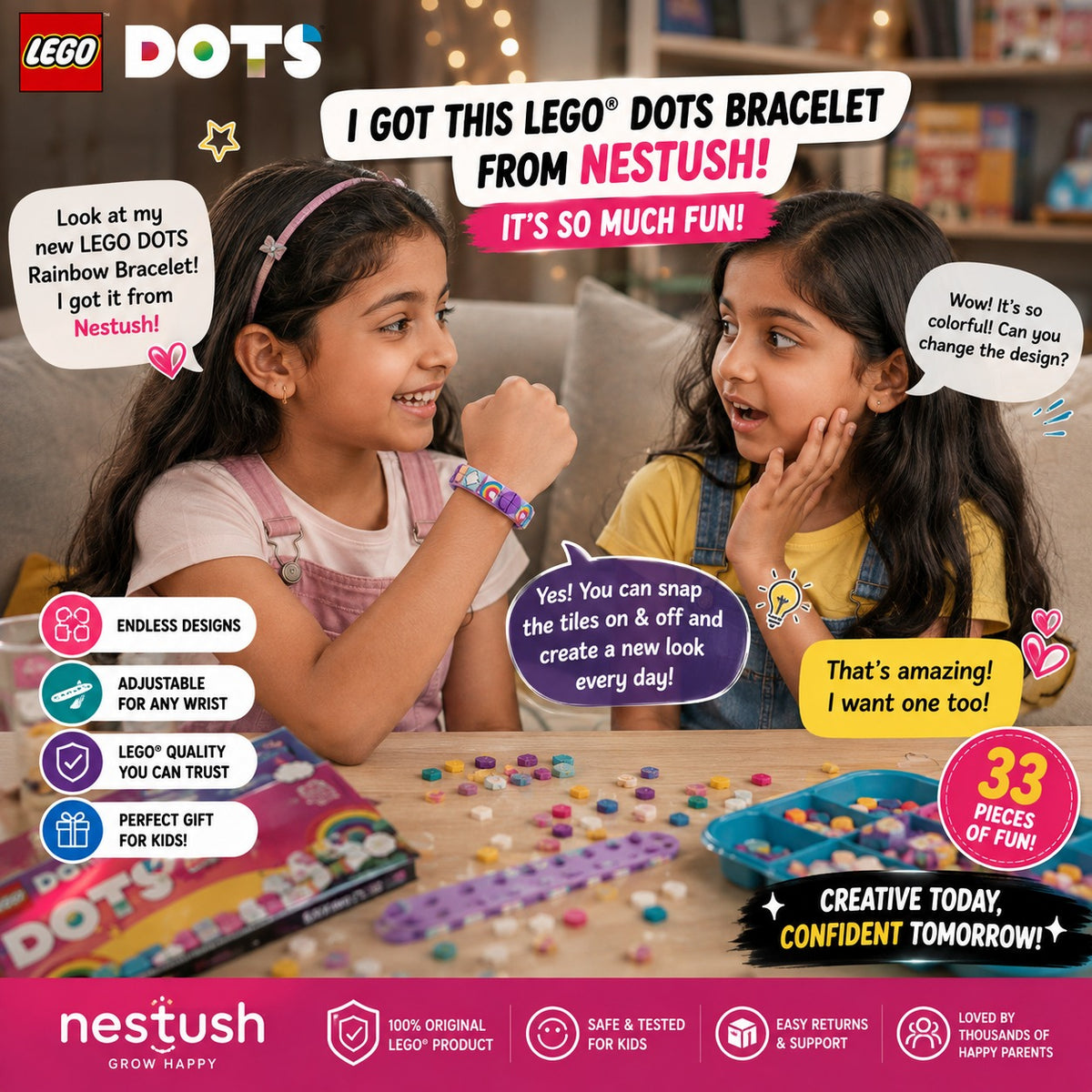 Two girls excitedly showing off their LEGO DOTS Rainbow Bracelet from Nestush with interchangeable tile designs