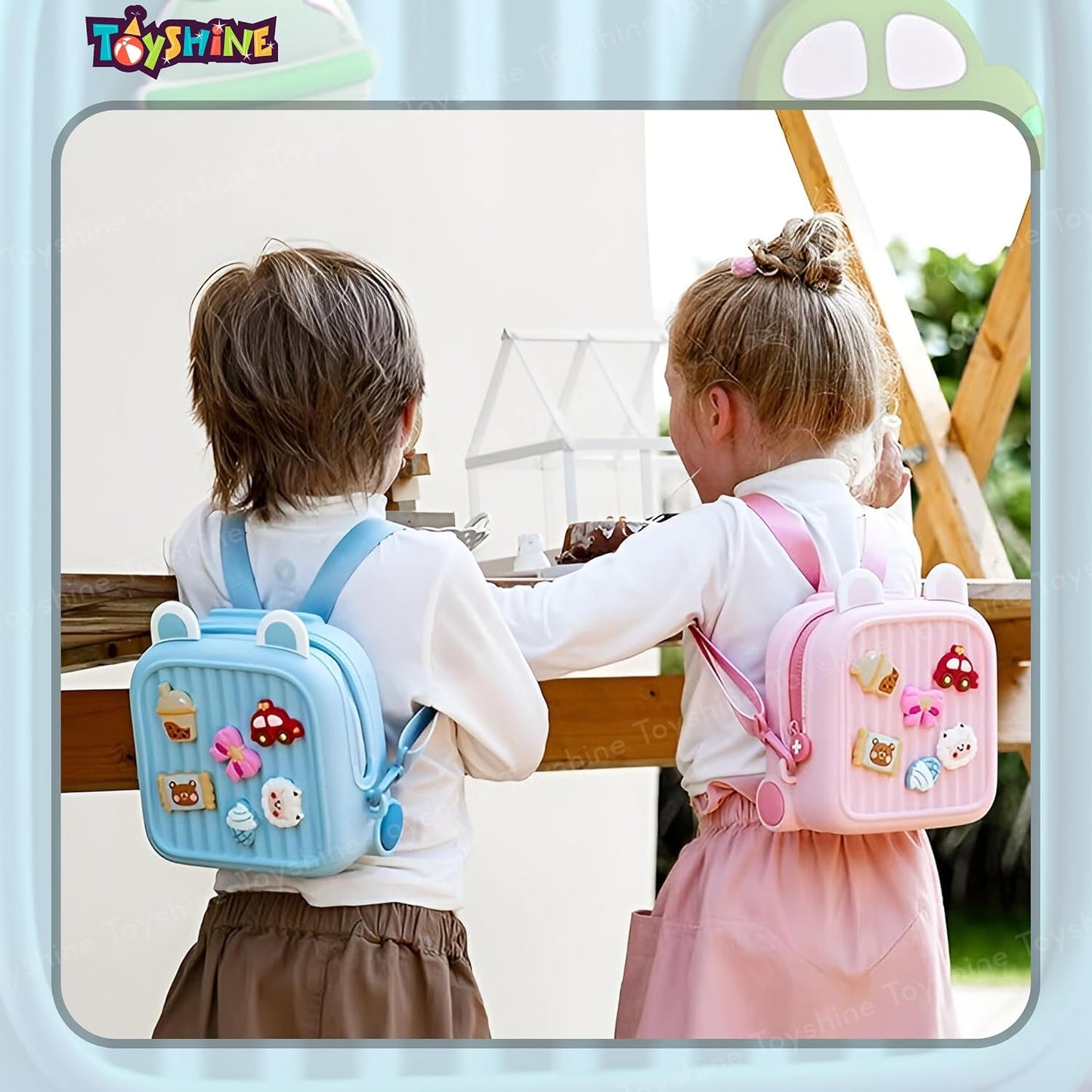 Two kids wearing NestCharm backpacks in different colors, walking together outdoors