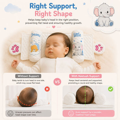 Nestush adjustable baby head pillow supporting a sleeping baby, with a visual comparison showing uneven head pressure without support versus centered, even support with the pillow