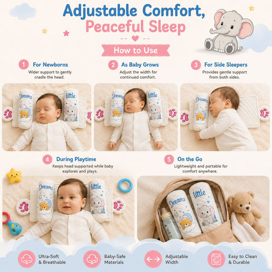 Nestush adjustable baby head pillow shown in five use cases: newborn head support, adjustable width as baby grows, side sleeping support, supported playtime, and portable comfort on the go. The soft, breathable, baby-safe pillow features adjustable width, gentle cushioning, and an easy-to-clean design