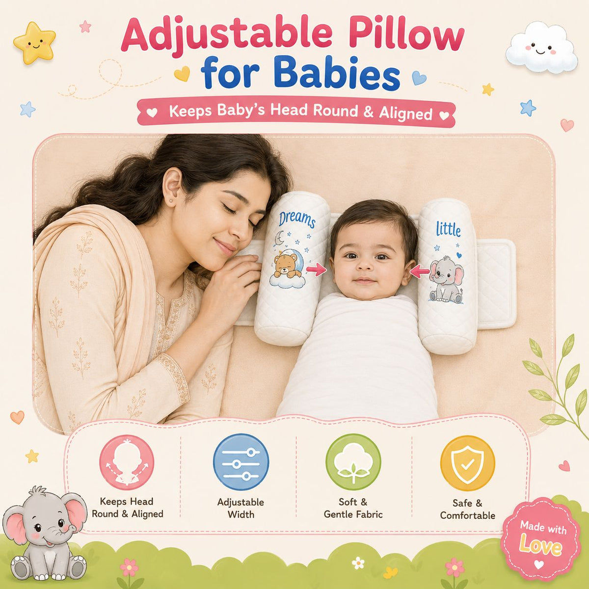Nestush adjustable baby head pillow shown supporting a baby beside a parent, highlighting adjustable width, soft gentle fabric, comfortable support, and head alignment
