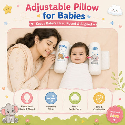 Nestush adjustable baby head pillow shown supporting a baby beside a parent, highlighting adjustable width, soft gentle fabric, comfortable support, and head alignment